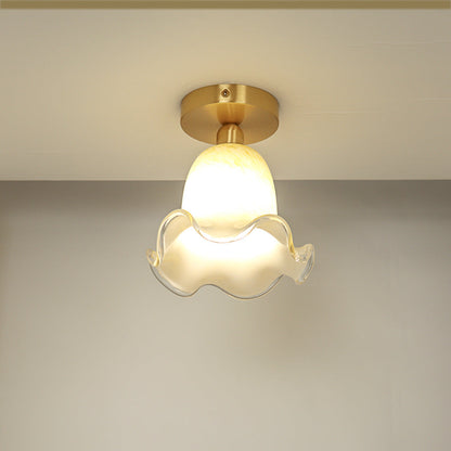 Traditional French Floral Round Glass Copper 1-Light Semi-Flush Mount Ceiling Light For Living Room