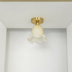 Traditional French Floral Round Glass Copper 1-Light Semi-Flush Mount Ceiling Light For Living Room