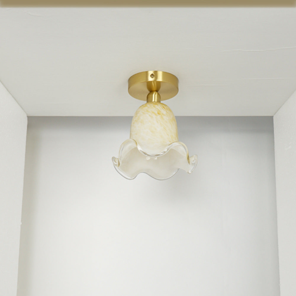 Traditional French Floral Round Glass Copper 1-Light Semi-Flush Mount Ceiling Light For Living Room