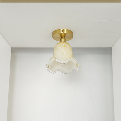 Traditional French Floral Round Glass Copper 1-Light Semi-Flush Mount Ceiling Light For Living Room
