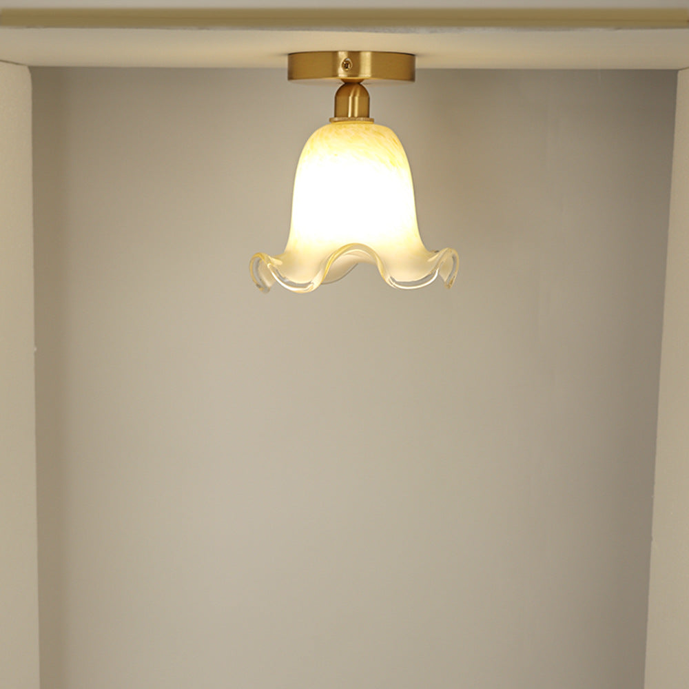 Traditional French Floral Round Glass Copper 1-Light Semi-Flush Mount Ceiling Light For Living Room