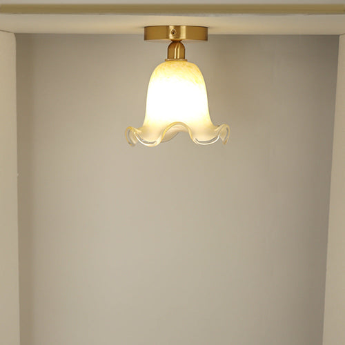 Traditional French Floral Round Glass Copper 1-Light Semi-Flush Mount Ceiling Light For Living Room