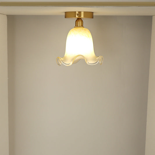 Traditional French Floral Round Glass Copper 1-Light Semi-Flush Mount Ceiling Light For Living Room