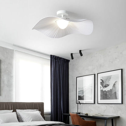 Traditional French Cream Ruffle Shape Fabric Iron LED Semi-Flush Mount Ceiling Light For Living Room