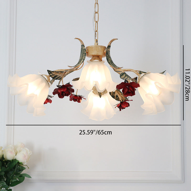 Traditional French Rose Flower Leaf Glass Iron 4/6/9 Light Chandelier for Living Room BulbSquare
