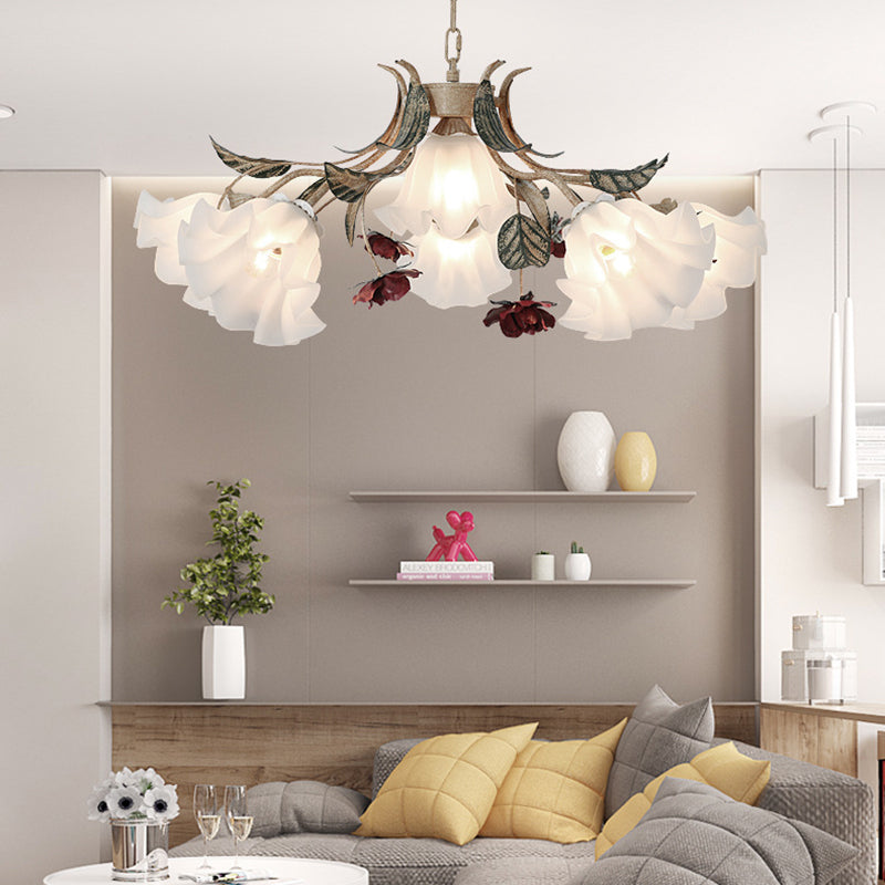 Traditional French Rose Flower Leaf Glass Iron 4/6/9 Light Chandelier for Living Room BulbSquare
