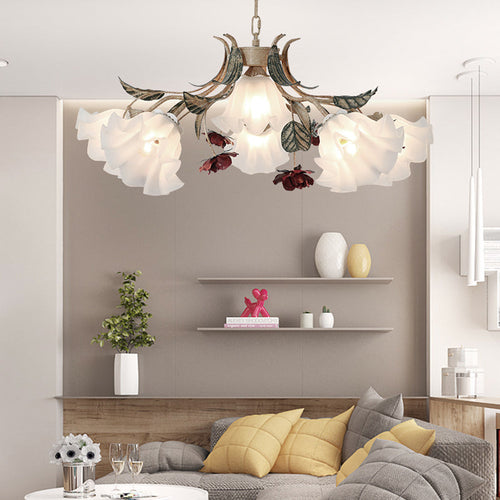Traditional French Rose Flower Leaf Glass Iron 4/6/9 Light Chandelier for Living Room