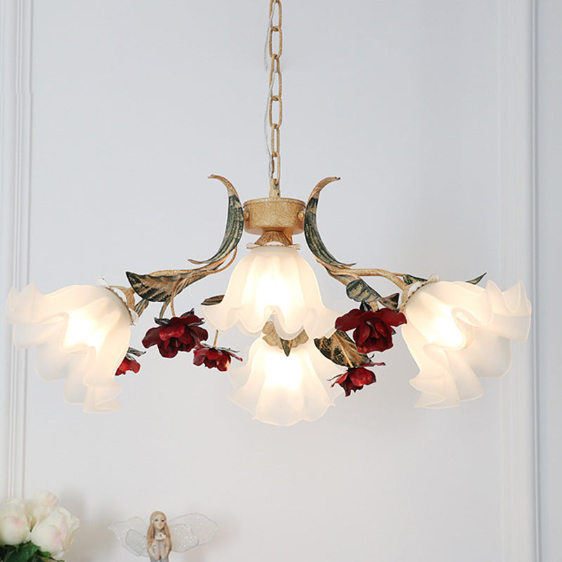 Traditional French Rose Flower Leaf Glass Iron 4/6/9 Light Chandelier for Living Room BulbSquare