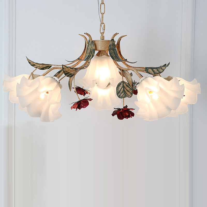Traditional French Rose Flower Leaf Glass Iron 4/6/9 Light Chandelier for Living Room BulbSquare