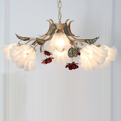 Traditional French Rose Flower Leaf Glass Iron 4/6/9 Light Chandelier for Living Room