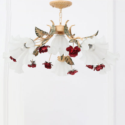 Traditional French Rose Flower Leaf Glass Iron 4/6/9 Light Chandelier for Living Room