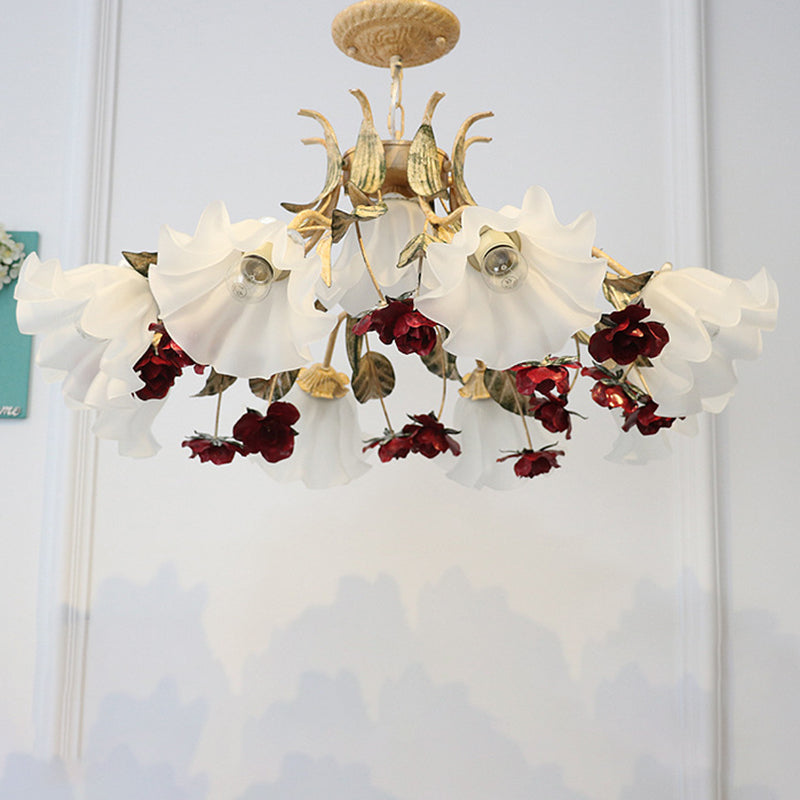 Traditional French Rose Flower Leaf Glass Iron 4/6/9 Light Chandelier for Living Room BulbSquare