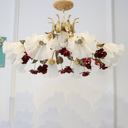 Traditional French Rose Flower Leaf Glass Iron 4/6/9 Light Chandelier for Living Room