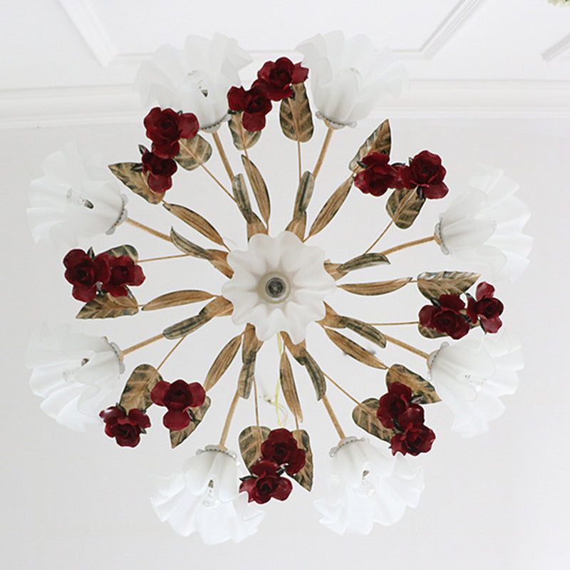 Traditional French Rose Flower Leaf Glass Iron 4/6/9 Light Chandelier for Living Room BulbSquare
