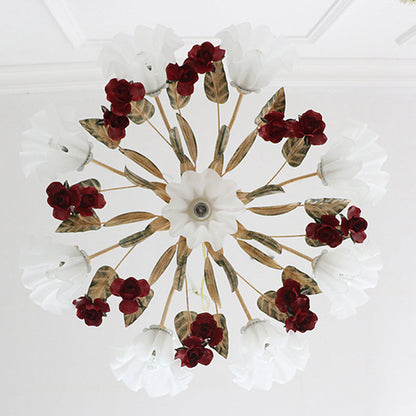 Traditional French Rose Flower Leaf Glass Iron 4/6/9 Light Chandelier for Living Room