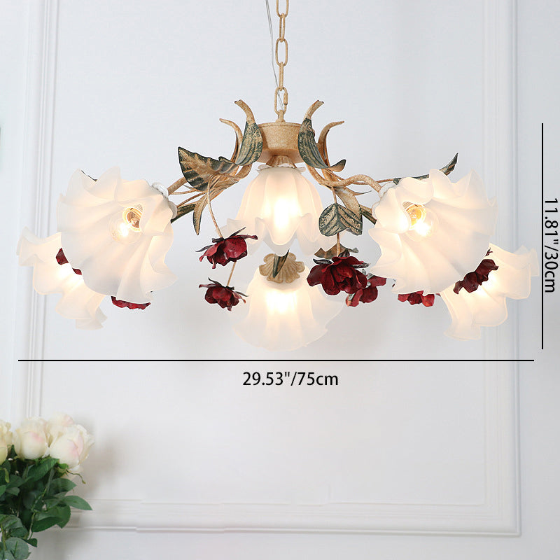 Traditional French Rose Flower Leaf Glass Iron 4/6/9 Light Chandelier for Living Room BulbSquare