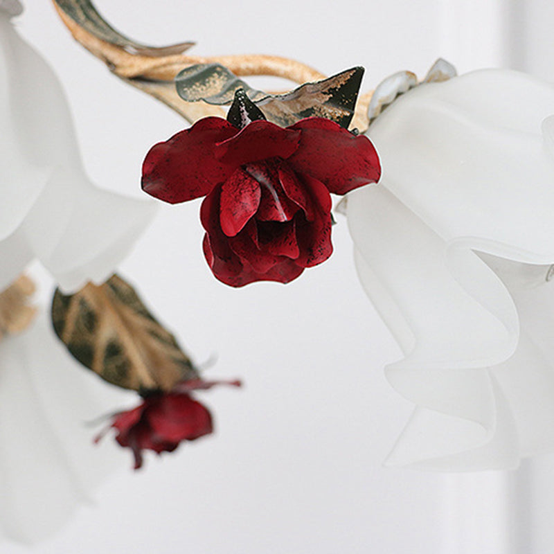 Traditional French Rose Flower Leaf Glass Iron 4/6/9 Light Chandelier for Living Room BulbSquare
