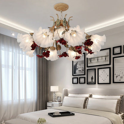 Traditional French Rose Flower Leaf Glass Iron 4/6/9 Light Chandelier for Living Room