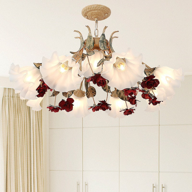 Traditional French Rose Flower Leaf Glass Iron 4/6/9 Light Chandelier for Living Room BulbSquare