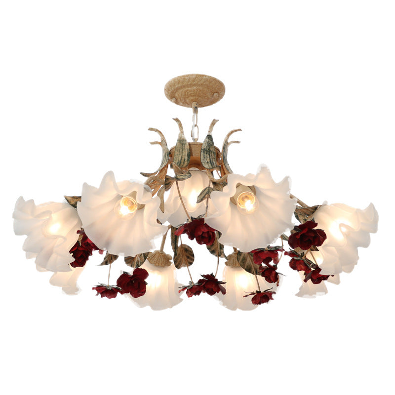 Traditional French Rose Flower Leaf Glass Iron 4/6/9 Light Chandelier for Living Room