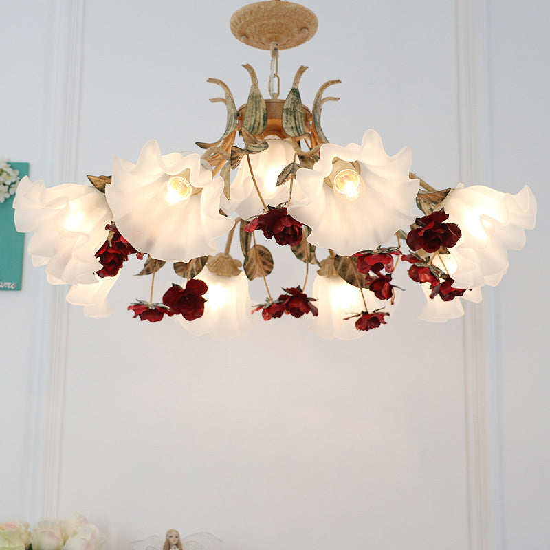 Traditional French Rose Flower Leaf Glass Iron 4/6/9 Light Chandelier for Living Room BulbSquare