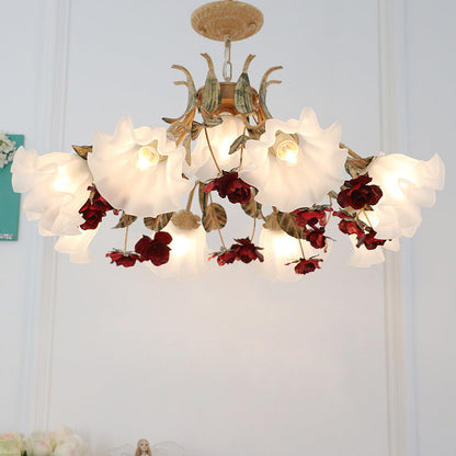 Traditional French Rose Flower Leaf Glass Iron 4/6/9 Light Chandelier for Living Room