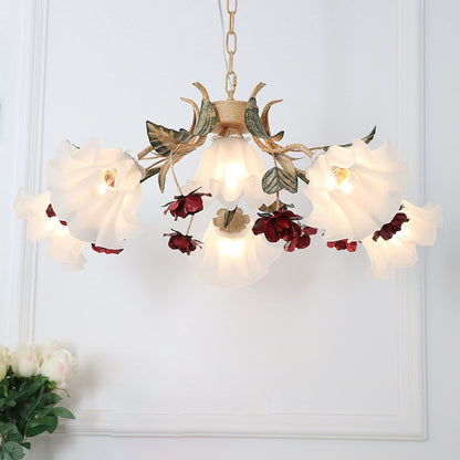 Traditional French Rose Flower Leaf Glass Iron 4/6/9 Light Chandelier for Living Room