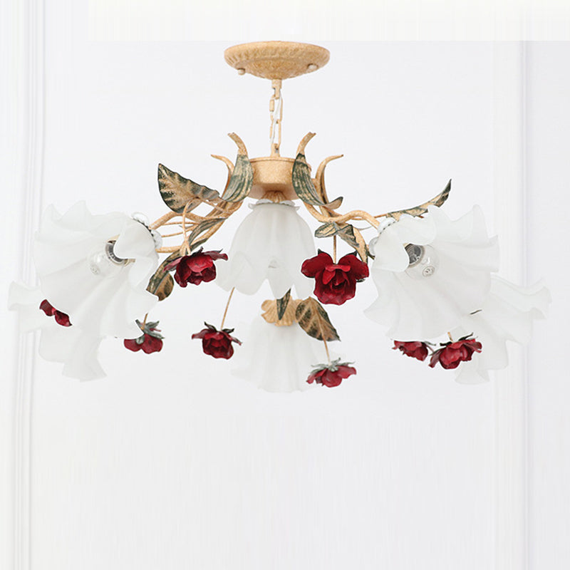 Traditional French Rose Flower Leaf Glass Iron 4/6/9 Light Chandelier for Living Room BulbSquare