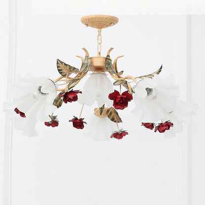 Traditional French Rose Flower Leaf Glass Iron 4/6/9 Light Chandelier for Living Room