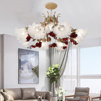 Traditional French Rose Flower Leaf Glass Iron 4/6/9 Light Chandelier for Living Room BulbSquare