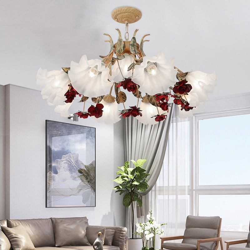 Traditional French Rose Flower Leaf Glass Iron 4/6/9 Light Chandelier for Living Room BulbSquare