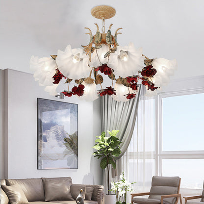 Traditional French Rose Flower Leaf Glass Iron 4/6/9 Light Chandelier for Living Room