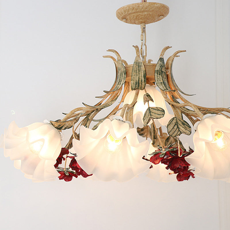 Traditional French Rose Flower Leaf Glass Iron 4/6/9 Light Chandelier for Living Room BulbSquare