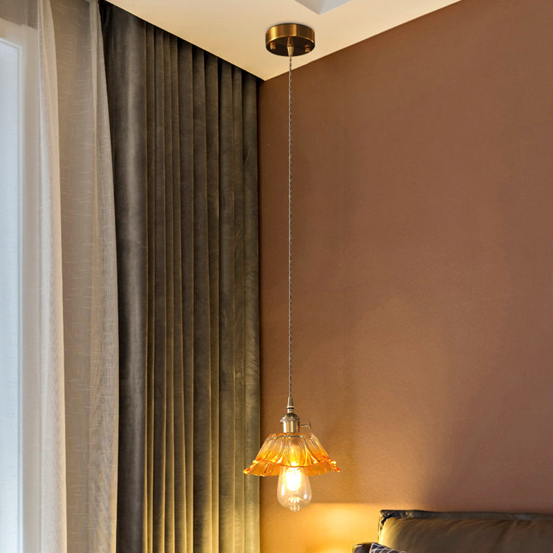 Contemporary Scandinavian Flower Round Glass Copper Iron 1-Light Pendant Light For Living Room