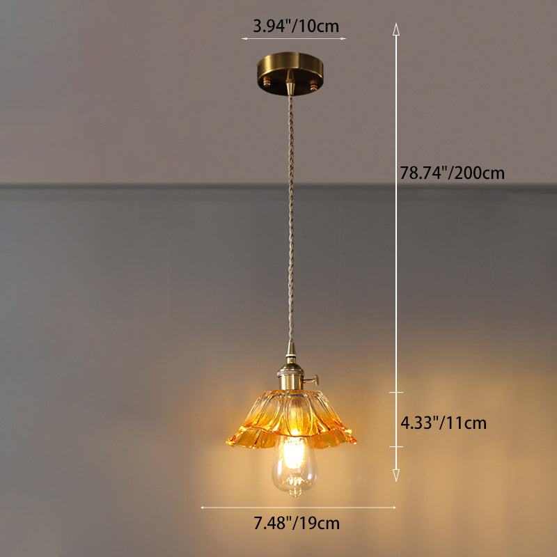 Contemporary Scandinavian Flower Round Glass Copper Iron 1-Light Pendant Light For Living Room