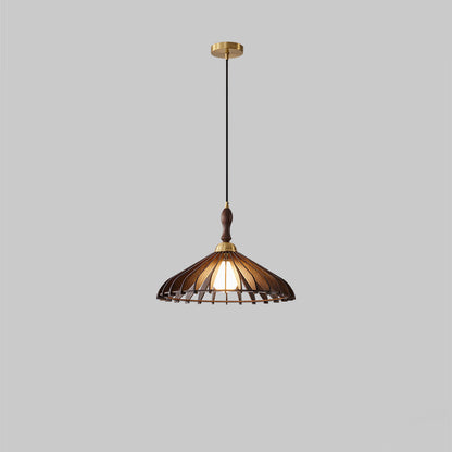 Traditional Japanese Umbrella Skeleton Ash Wood Brass 1-Light Pendant Light For Living Room