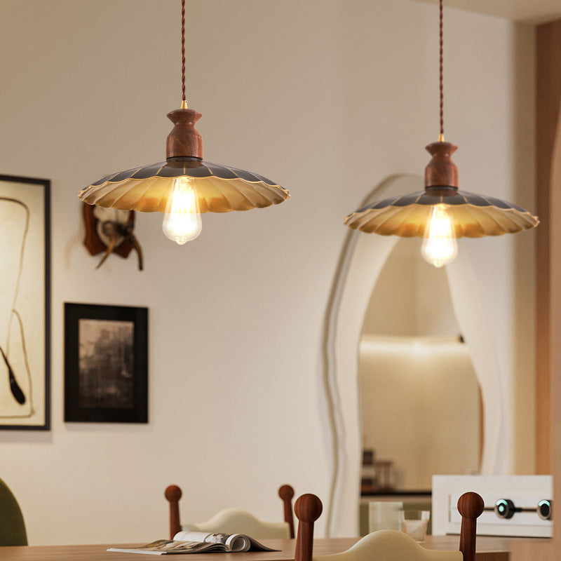 Traditional Vintage Round Umbrella Distressed Walnut Brass 1-Light Pendant Light For Living Room
