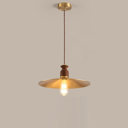 Traditional Vintage Round Umbrella Distressed Walnut Brass 1-Light Pendant Light For Living Room