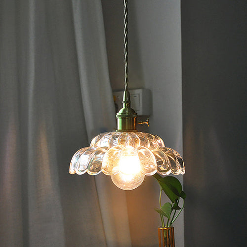 Traditional Japanese Flower Round Glass Brass 1-Light Pendant Light For Living Room