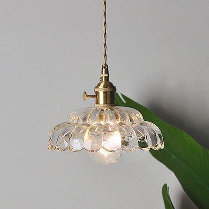 Traditional Japanese Flower Round Glass Brass 1-Light Pendant Light For Living Room