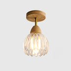 Contemporary Creative Cream Pod Round Glass Wood 1-Light Semi-Flush Mount Ceiling Light For Living Room