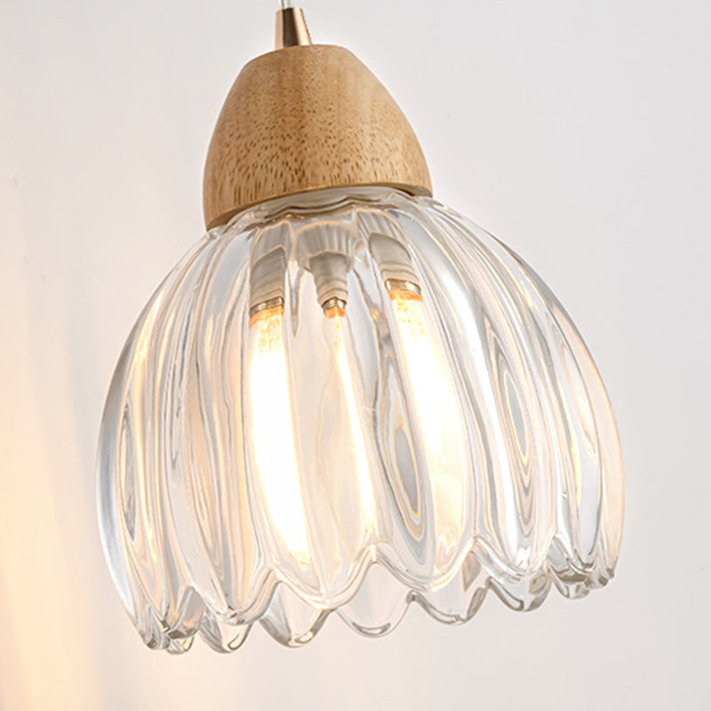 Traditional Japanese Round Distressed Floral Glass Rubberwood 1-Light Pendant Light For Living Room