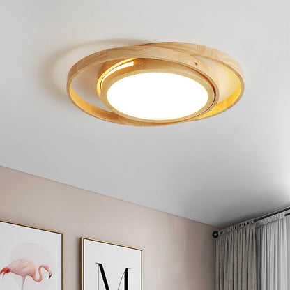 Contemporary Creative Ring Round Acrylic Rubberwood LED Flush Mount Ceiling Light For Living Room