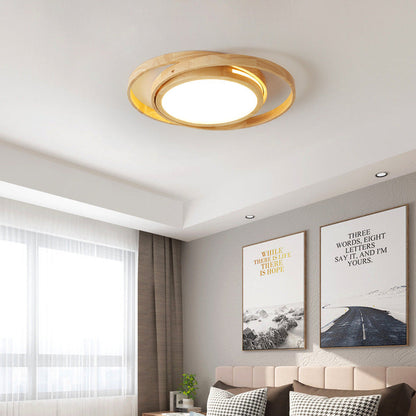 Contemporary Creative Ring Round Acrylic Rubberwood LED Flush Mount Ceiling Light For Living Room