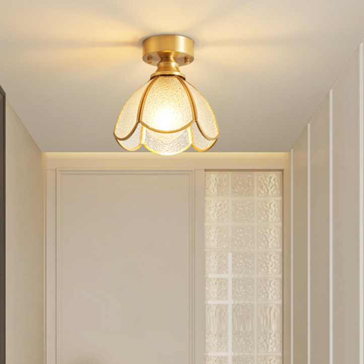 Traditional Vintage Round Leaf Umbrella Glass Copper 1-light Semi-flush Mount Ceiling Light for Living Room