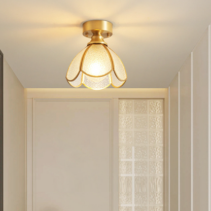 Traditional Vintage Round Leaf Umbrella Glass Copper 1-light Semi-flush Mount Ceiling Light for Living Room