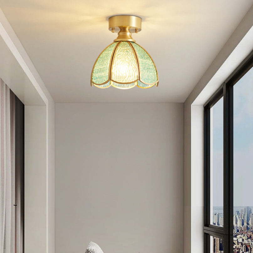 Traditional Vintage Round Leaf Umbrella Glass Copper 1-light Semi-flush Mount Ceiling Light for Living Room