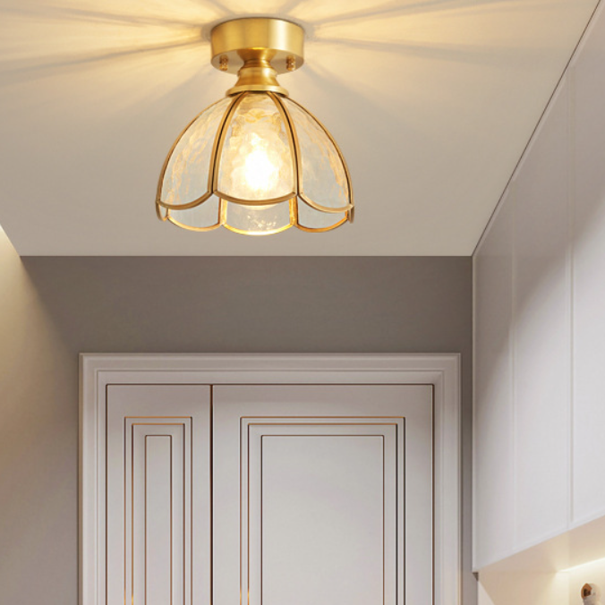 Traditional Vintage Round Leaf Umbrella Glass Copper 1-light Semi-flush Mount Ceiling Light for Living Room
