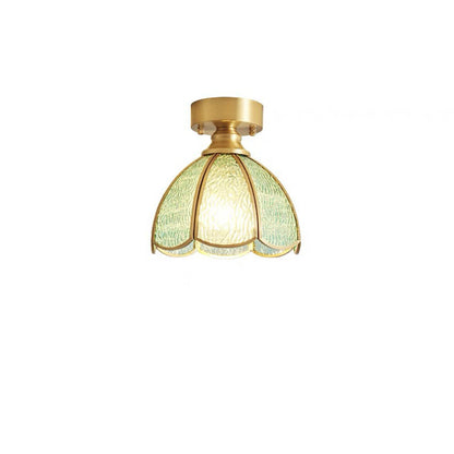 Traditional Vintage Round Leaf Umbrella Glass Copper 1-light Semi-flush Mount Ceiling Light for Living Room