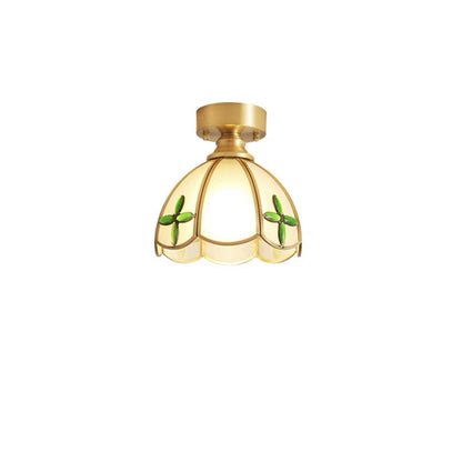 Traditional Vintage Round Leaf Umbrella Glass Copper 1-light Semi-flush Mount Ceiling Light for Living Room